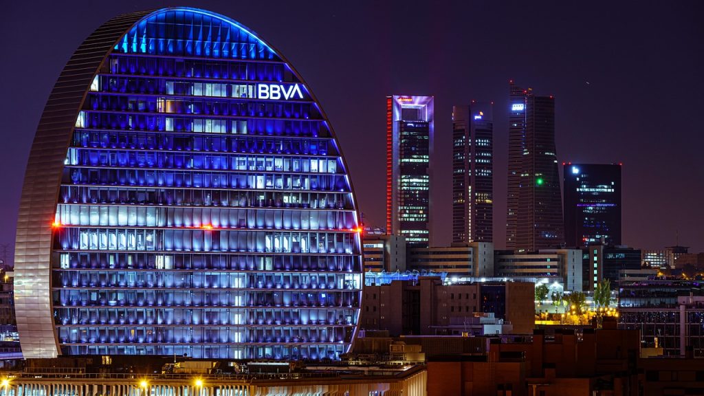 city, travel, tourism, madrid, bbva, torres, skyline, spain, buildings, architecture, night, offices, skyscraper, business